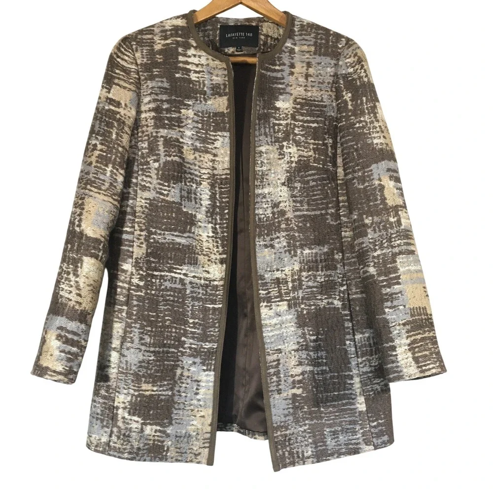 Lafayette 148 New York Open Front Jacket Size 2 Brown Blue Beige Tweed Career - Picture 1 of 7